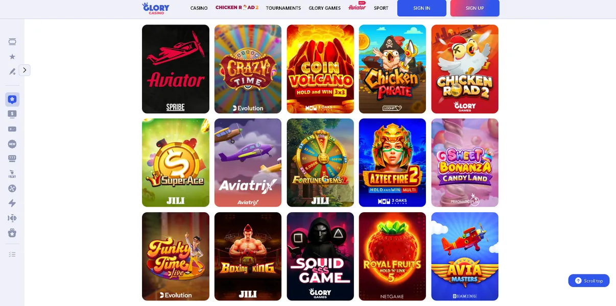 Games in Glory Casino app